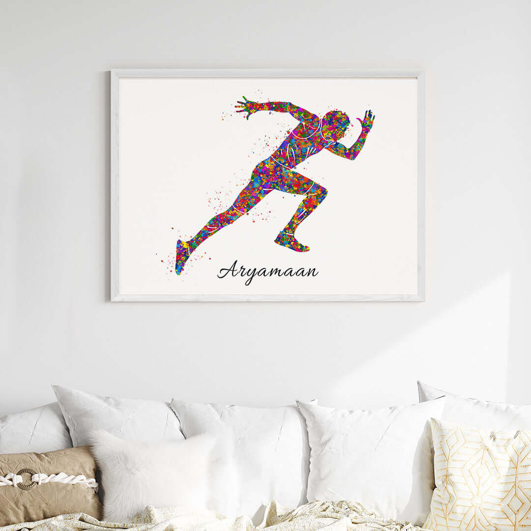 Inspirational  running athlete boy wall art white frame