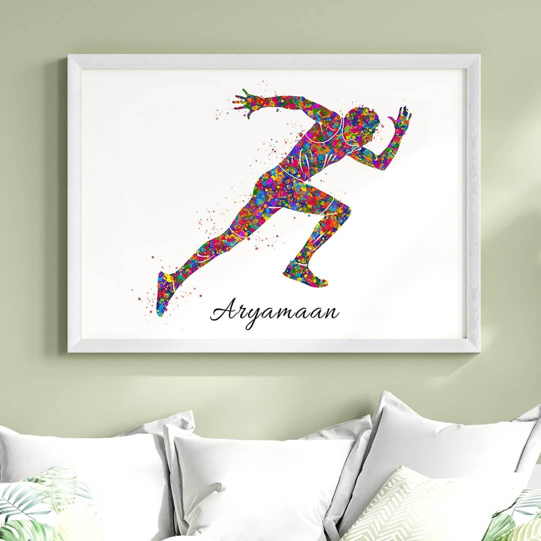 Inspirational  running athlete boy wall art white frame