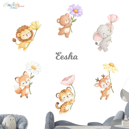 Safari Animals Holding Flowers Personalized Wall Stickers