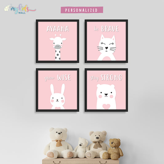 Safari Animals Illustrative Wall Art for Girl (Framed Set of 4)