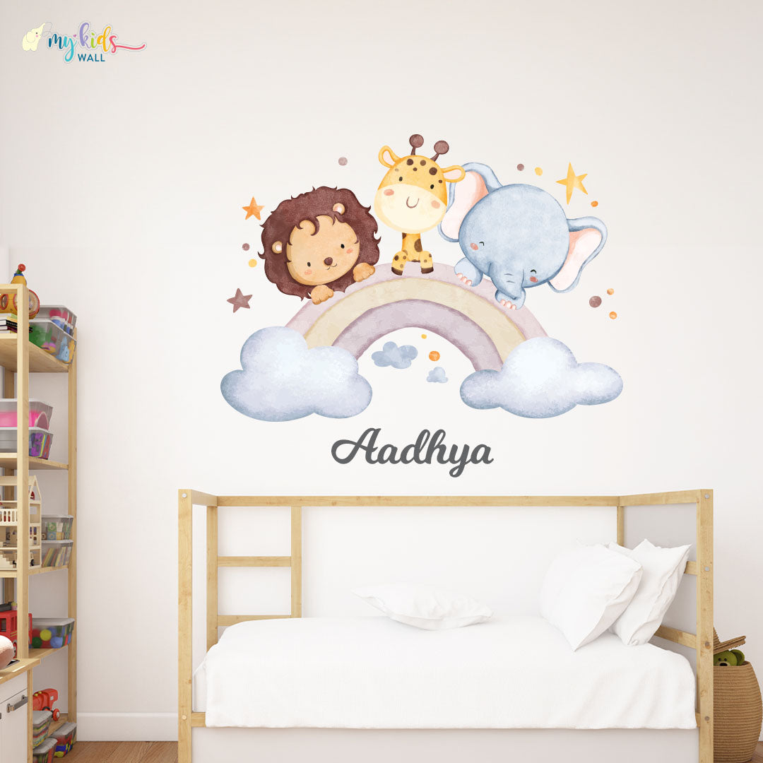 safari animals with rainbow personalised wall sticker mock up 1
