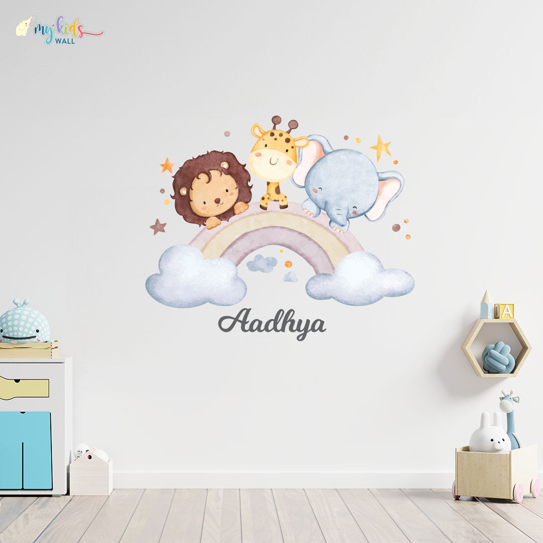safari animals with rainbow personalised wall sticker mock up 2