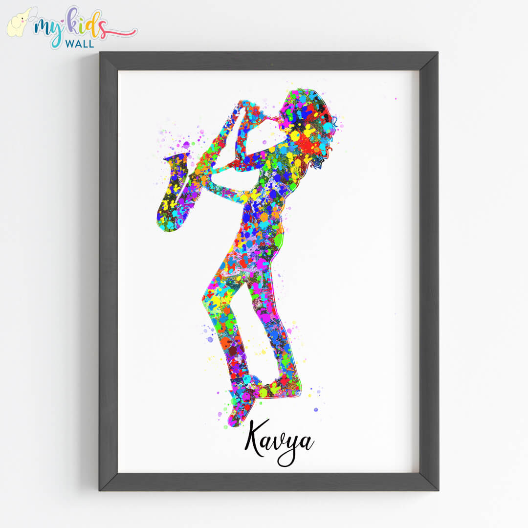 inspirational saxophone player girl wall art black frame