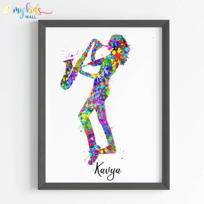 inspirational saxophone player girl wall art black frame