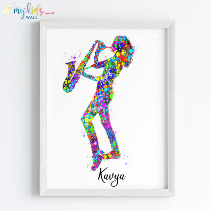 inspirational saxophone player girl wall art white frame