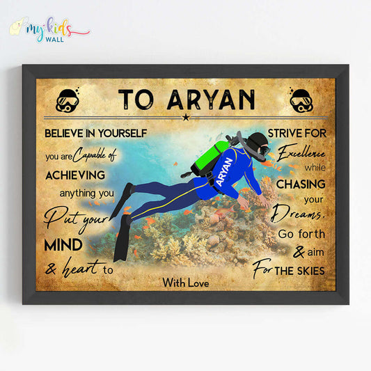 Motivational scuba diver wall art black frame