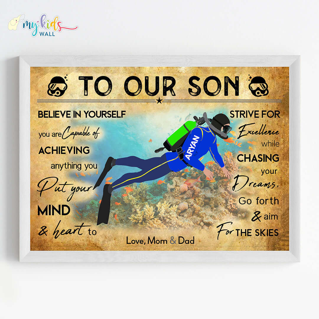 Motivational scuba diver wall art white frame