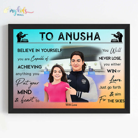 Motivational black wall frame of Manu Bhaker with a child