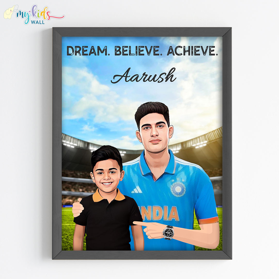 Cricket Champ with Shubman Gill Personalized Portrait (Framed) New