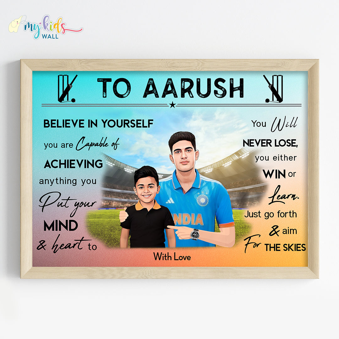 Cricket Champ with Shubman Gill Personalized Motivational Portrait (Framed) New