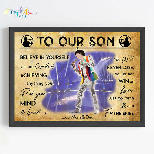 Motivational singing artiste boy wall art black frame