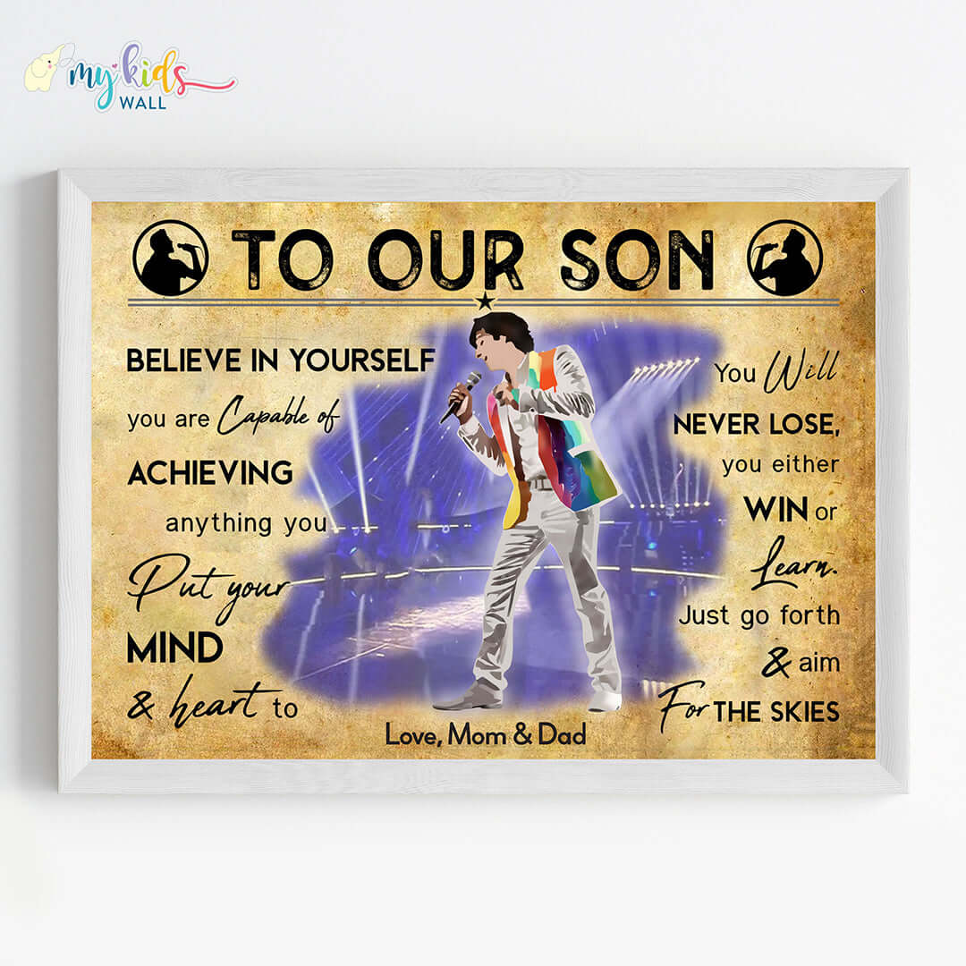 Motivational singing artiste boy wall art white frame