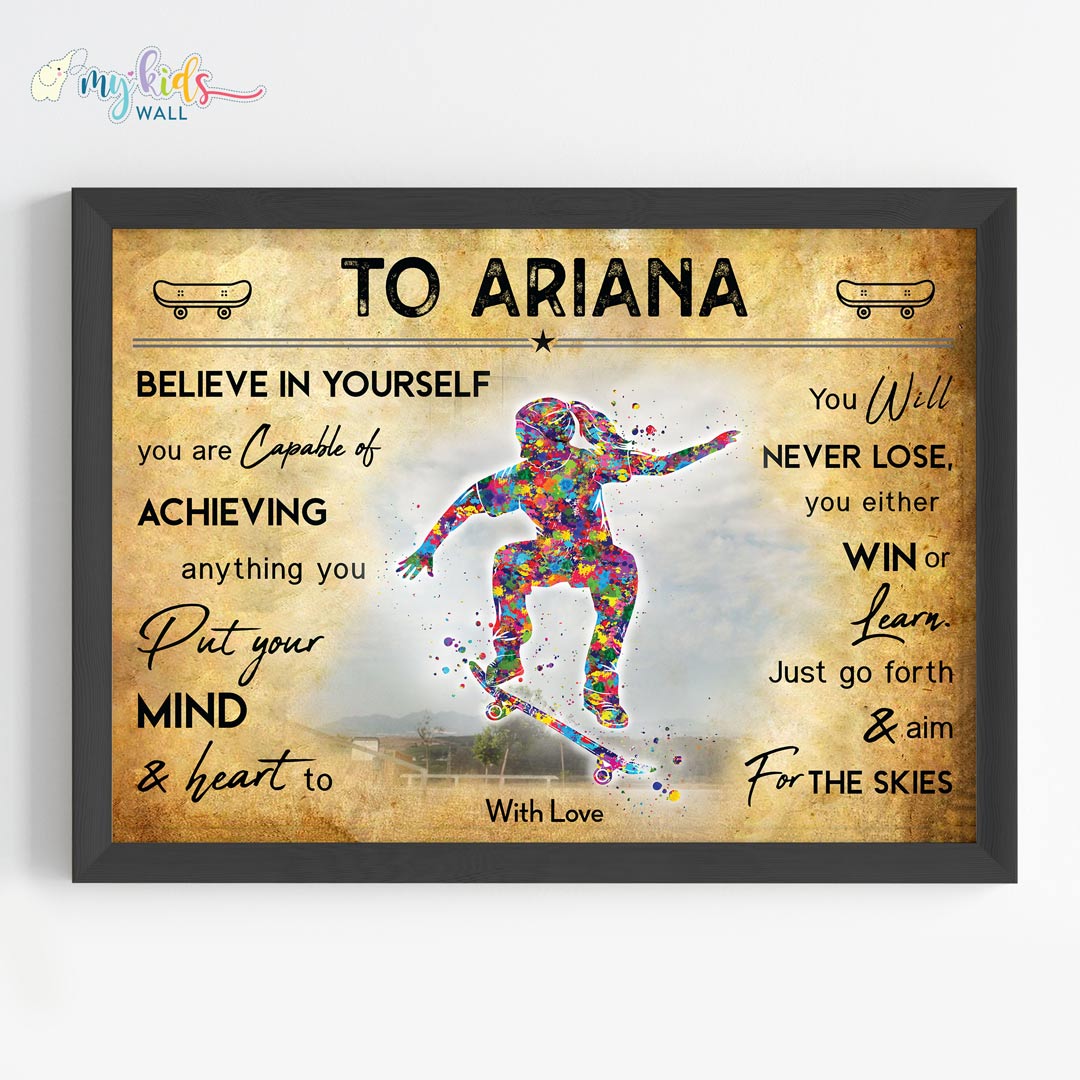Skateboarder Girl Personalized Motivational Wall Art Framed Black