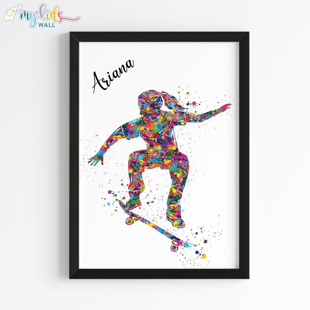 Skateboarder Girl Personalized Wall Art Framed Black