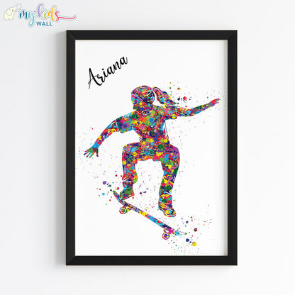 Skateboarder Girl Personalized Wall Art Framed Black