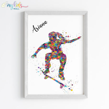 Skateboarder Girl Personalized Wall Art Framed White