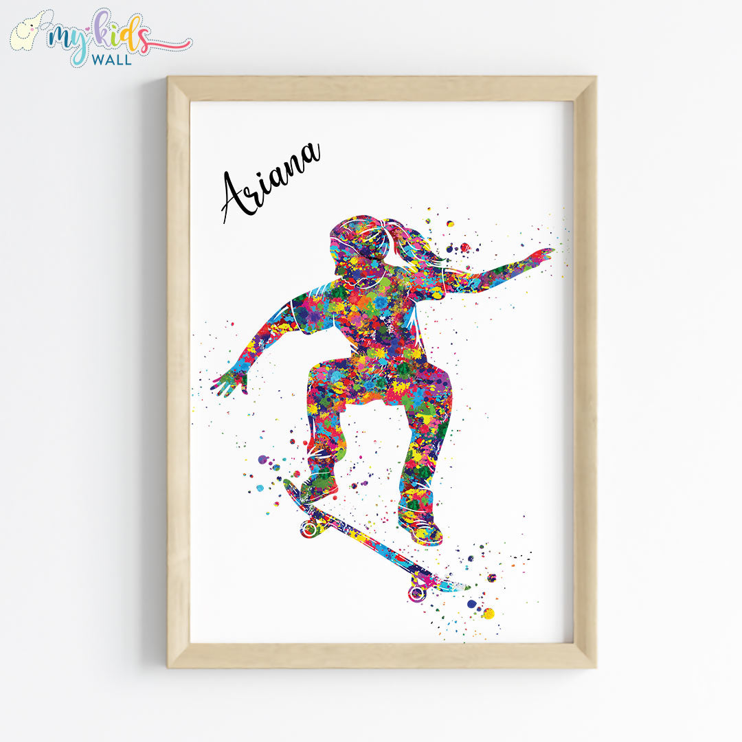 Skateboarder Girl Personalized Wall Art Framed Wooden