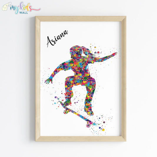 Skateboarder Girl Personalized Wall Art Framed Wooden