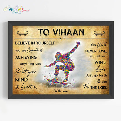 Skateboarder Boy Personalized Motivational Wall Art Framed Black