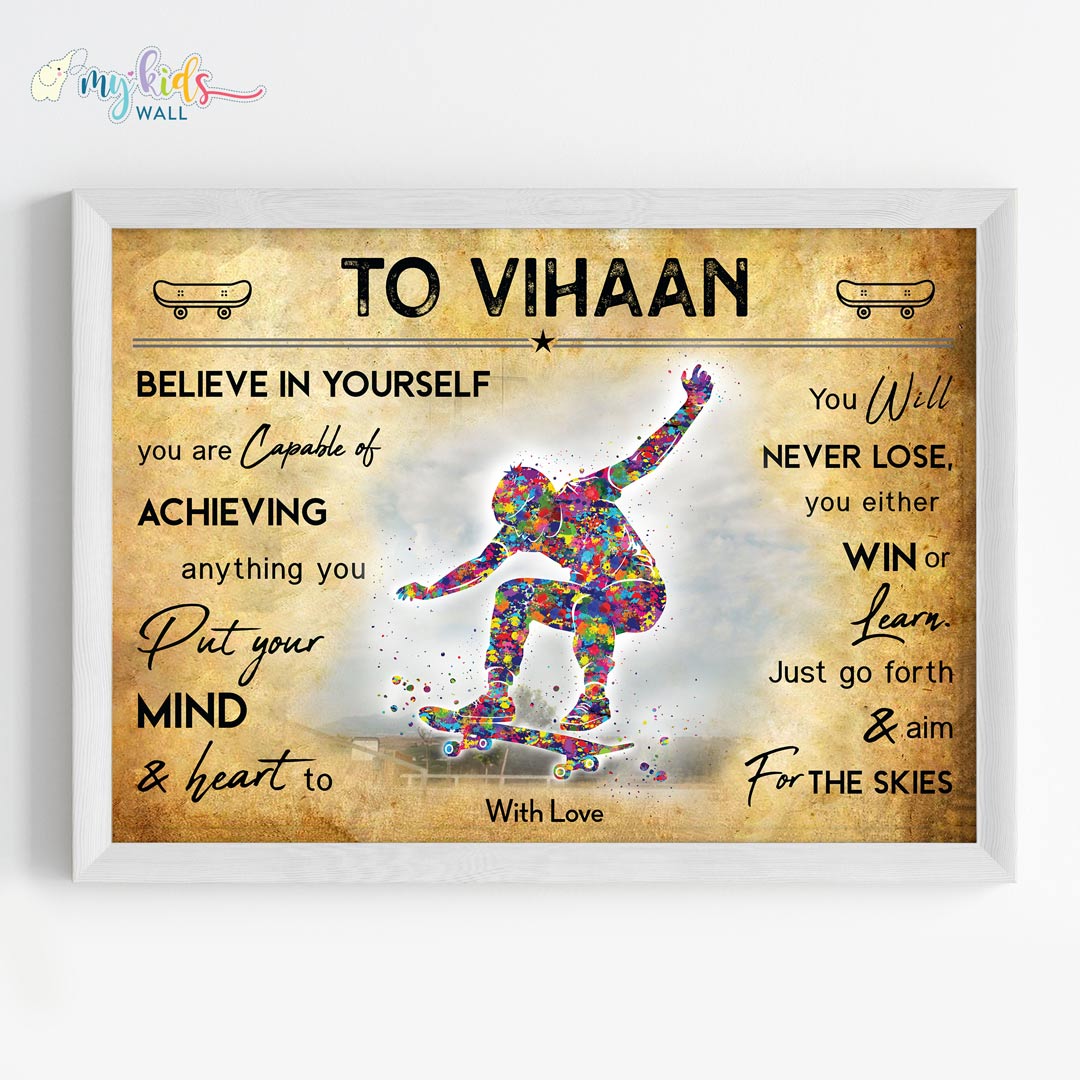 Skateboarder Boy Personalized Motivational Wall Art Framed White