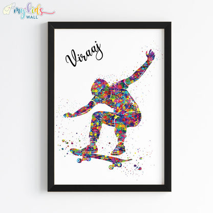 Skateboarder Boy Personalized Wall Art Framed Black