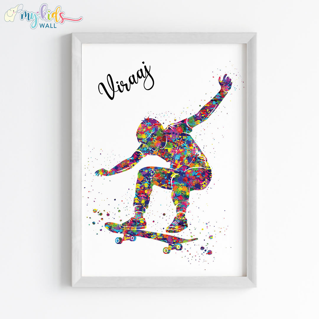 Skateboarder Boy Personalized Wall Art Framed White