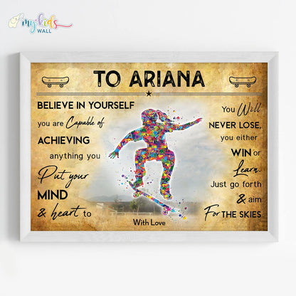 Skateboarder Girl Personalized Motivational Wall Art Framed White