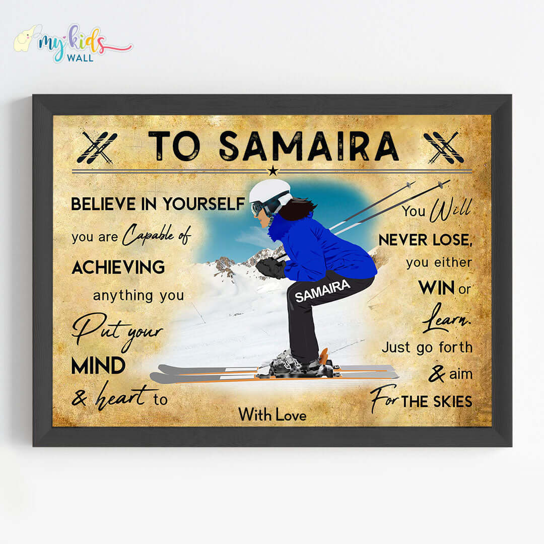 Motivational skiing player girl wall art black frame