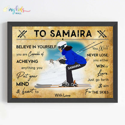 Motivational skiing player girl wall art black frame