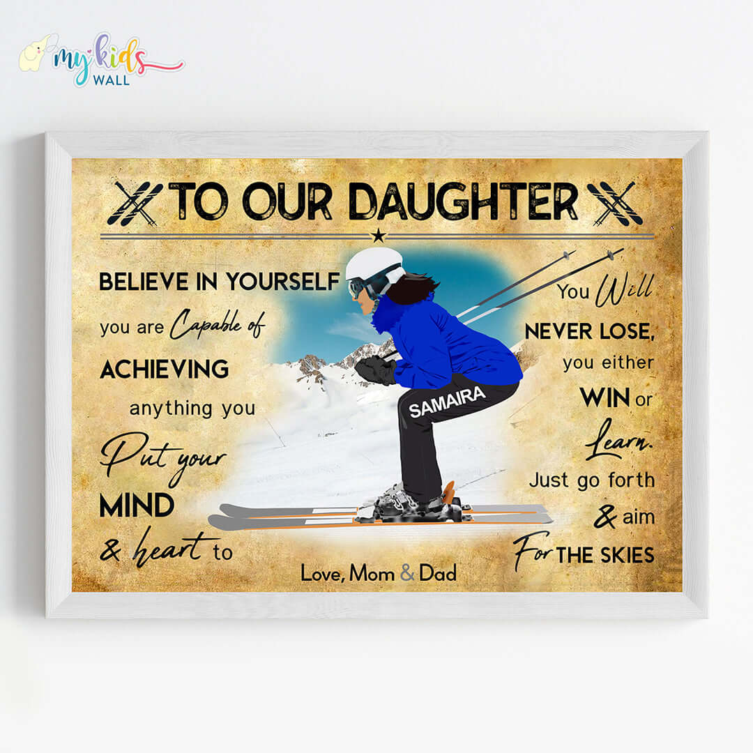 Motivational skiing player girl wall art white frame