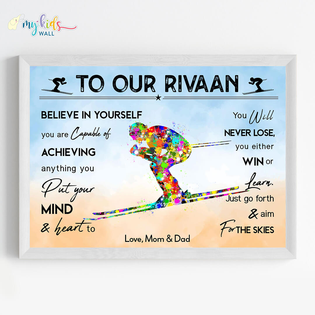 Motivational skiing player wall art white frame