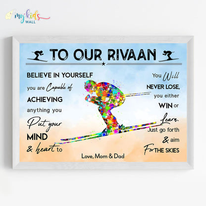 Motivational skiing player wall art white frame