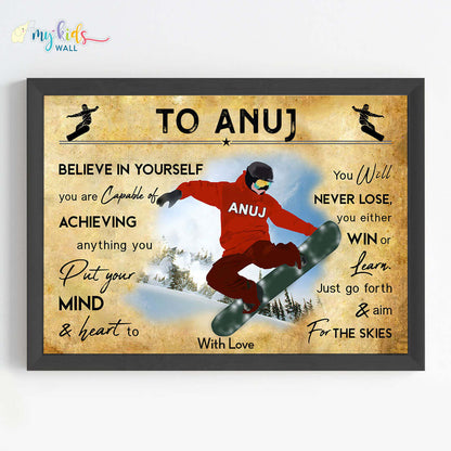 Motivational snowboarding boy wall art black frame