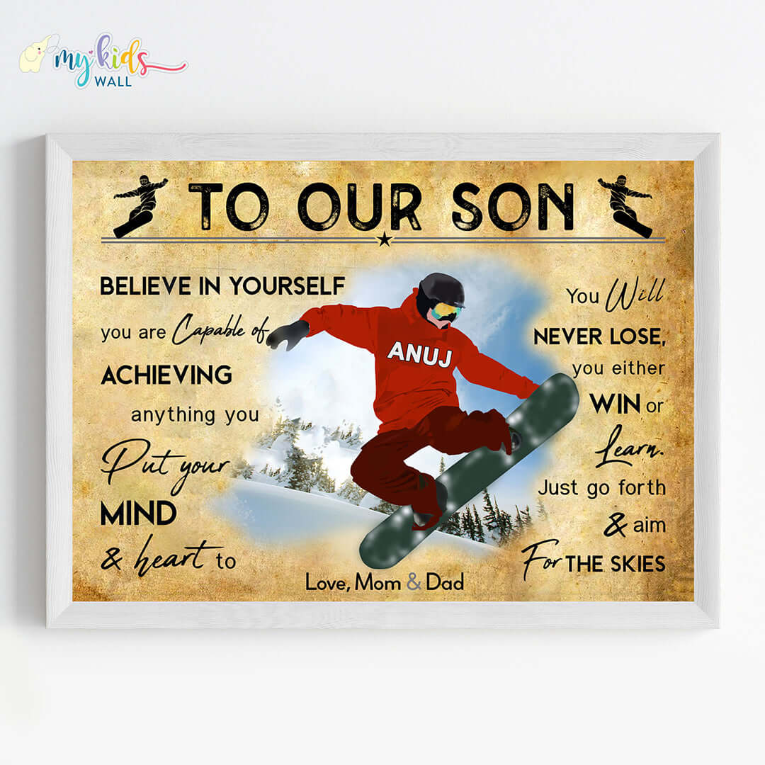 Motivational snowboarding boy wall art white frame