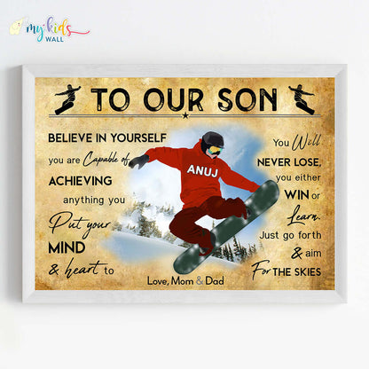 Motivational snowboarding boy wall art white frame