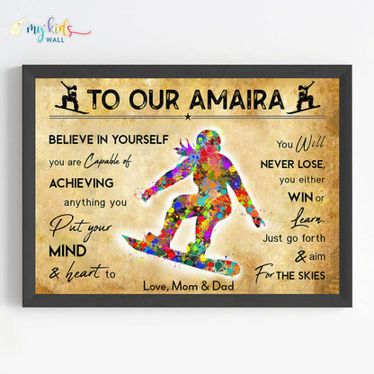 Motivational snowboarding girl wall art black frame