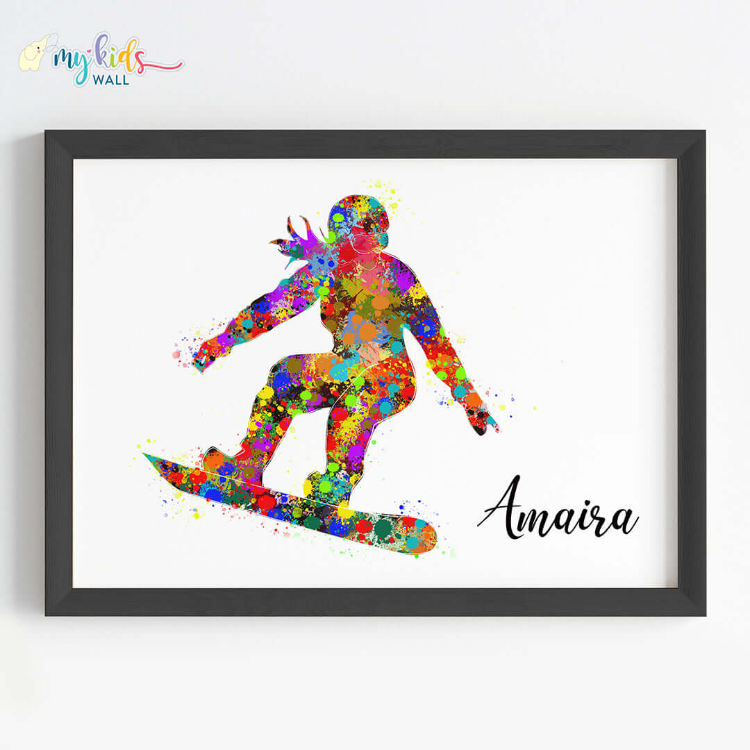 Inspirational snowboarding girl wall art black frame