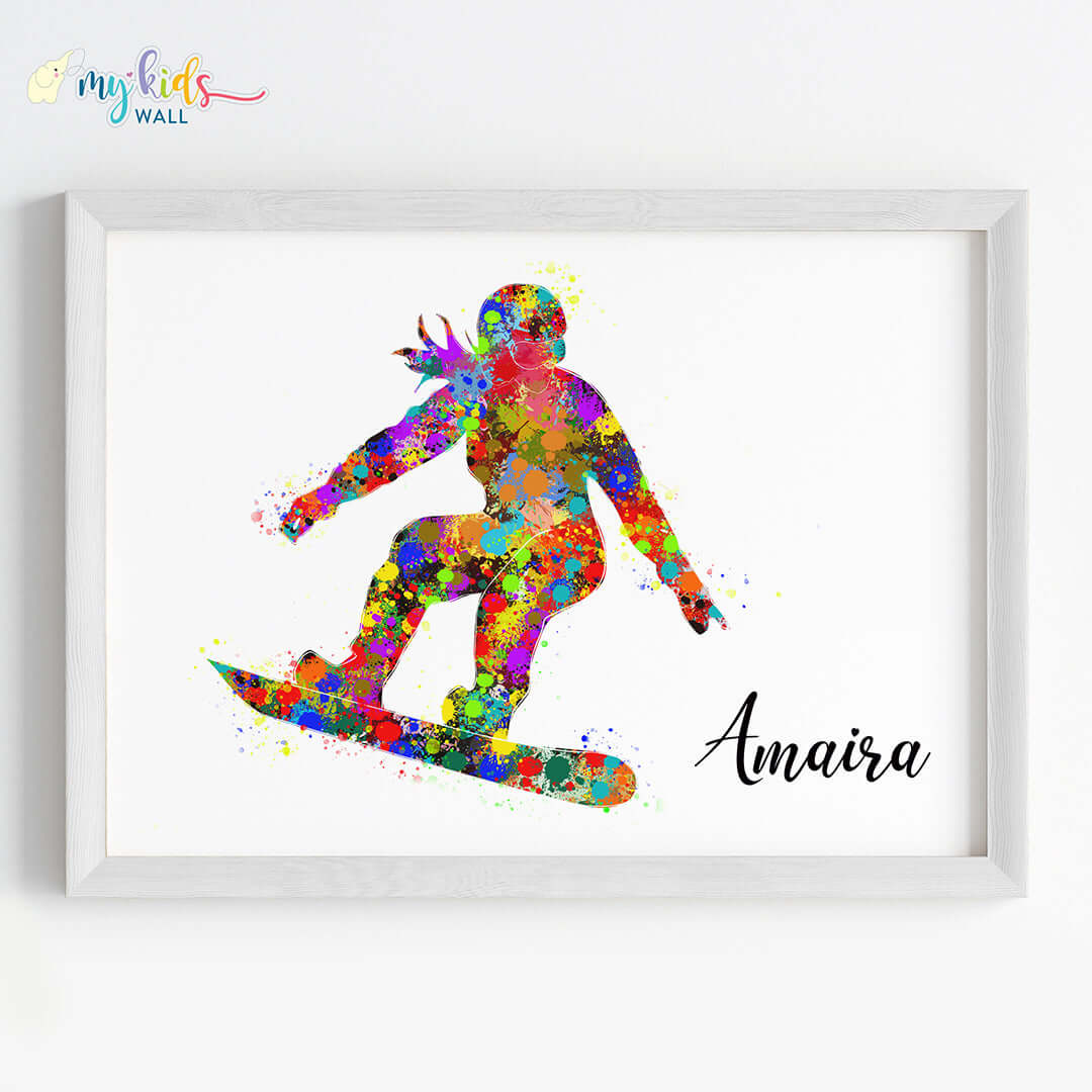 Inspirational snowboarding girl wall art white frame