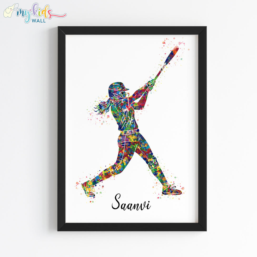 Softball Hitter Girl Personalised Wall Art Framed Black