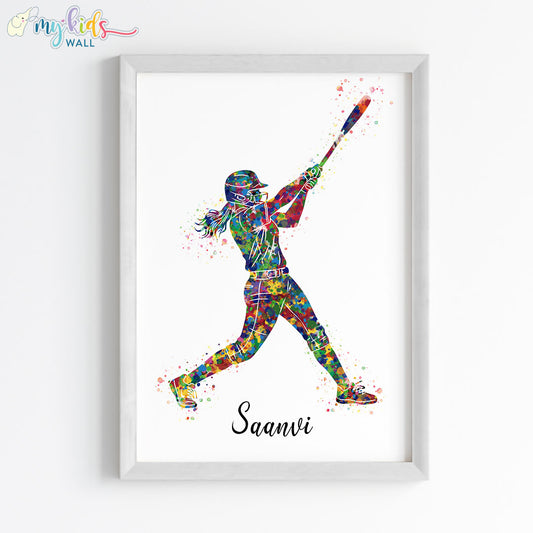 Softball Hitter Girl Personalised Wall Art Framed White