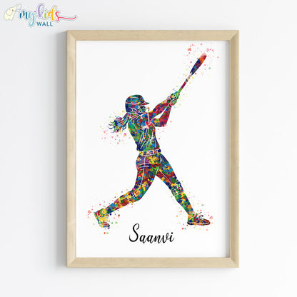 Softball Hitter Girl Personalised Wall Art Framed Wooden