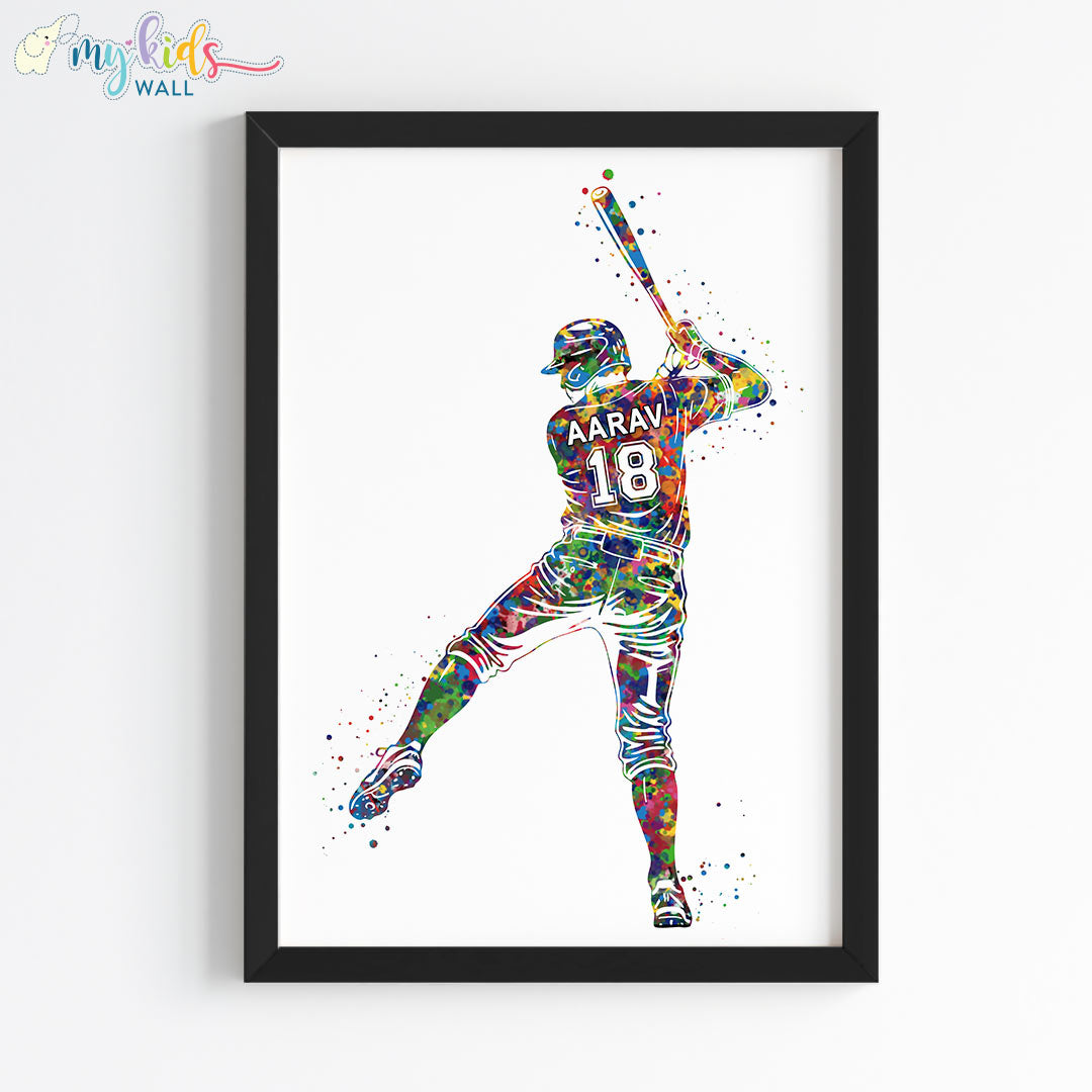 Softball Player Boy Personalised Wall Art Framed Black
