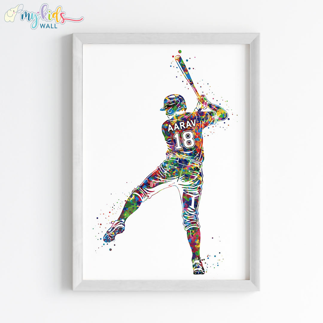 Softball Player Boy Personalised Wall Art Framed White
