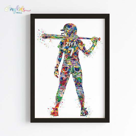 Softball Player Girl Personalised Wall Art Framed Black