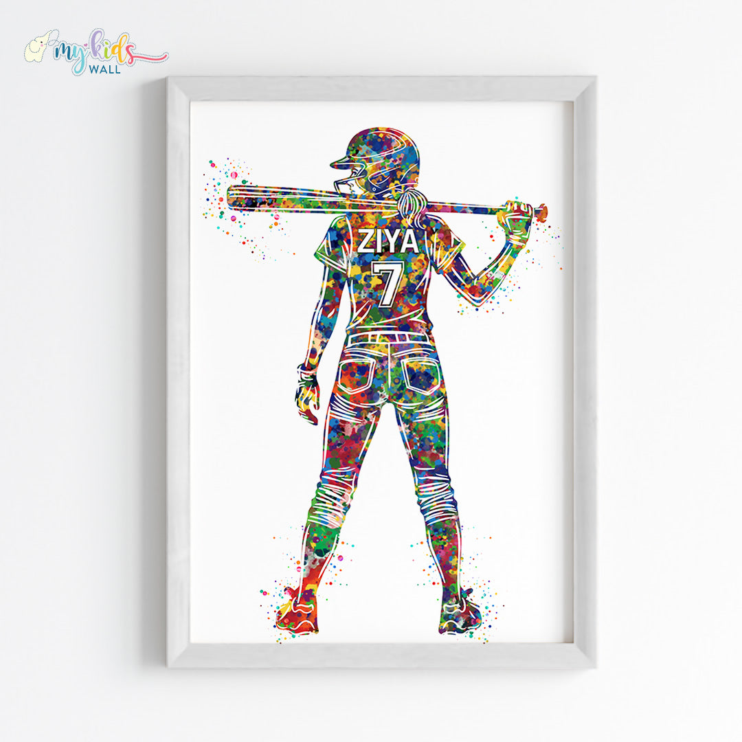 Softball Player Girl Personalised Wall Art Framed White