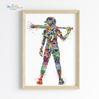 Softball Player Girl Personalised Wall Art Framed Wooden
