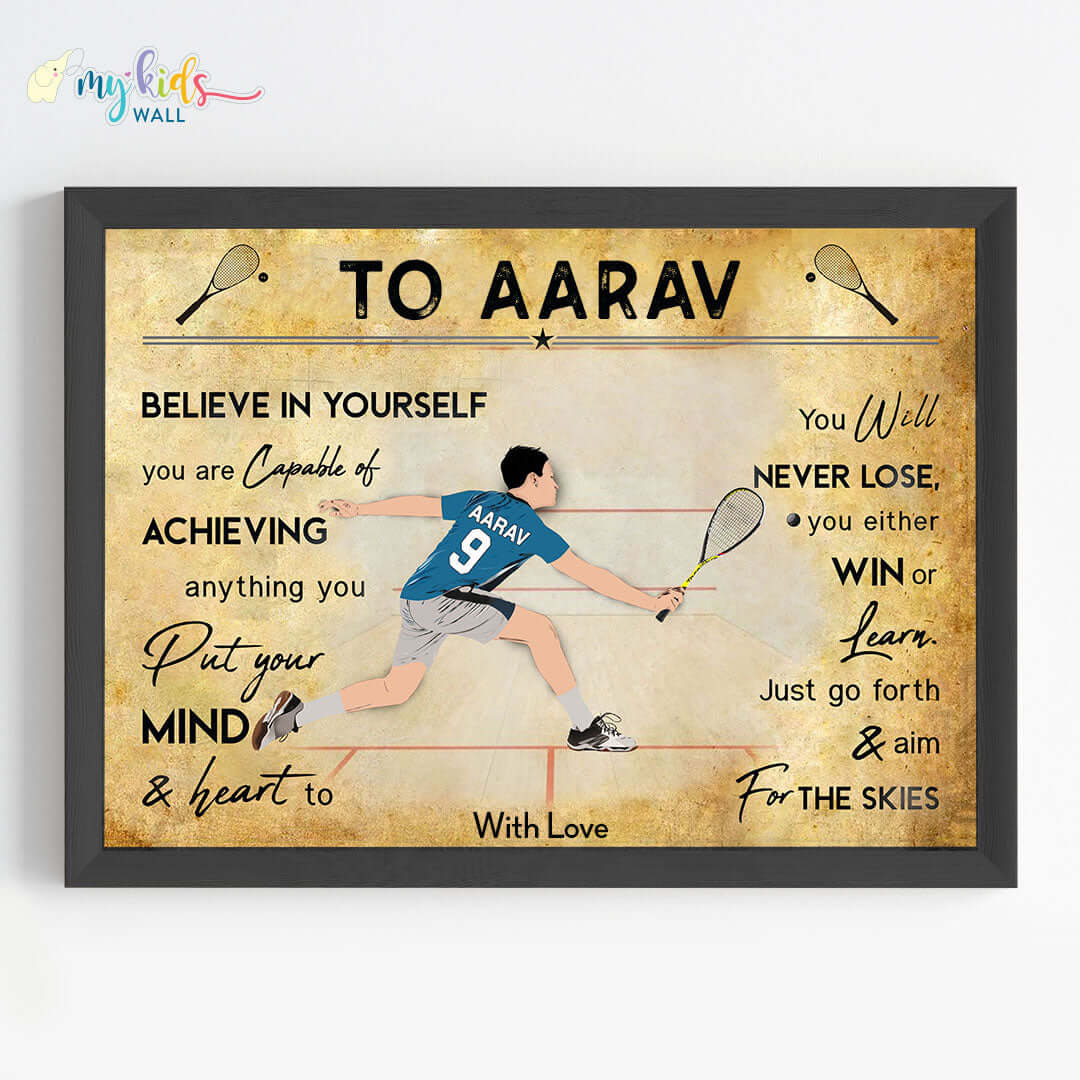 Motivational squash player girl wall art black frame