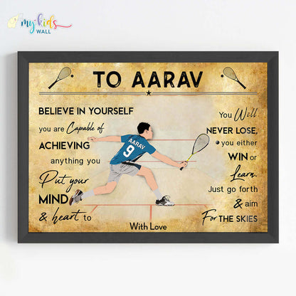 Motivational squash player girl wall art black frame