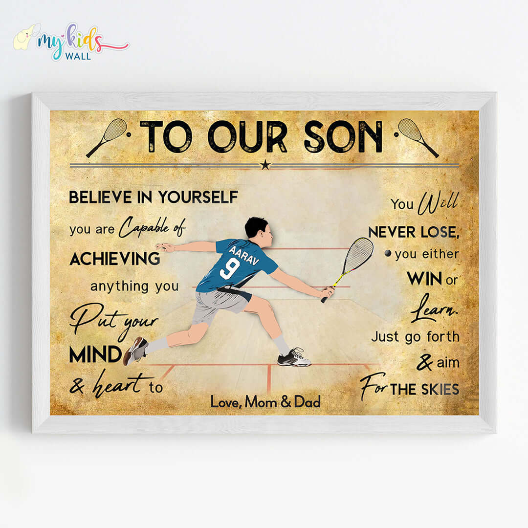 Motivational squash player girl wall art white frame