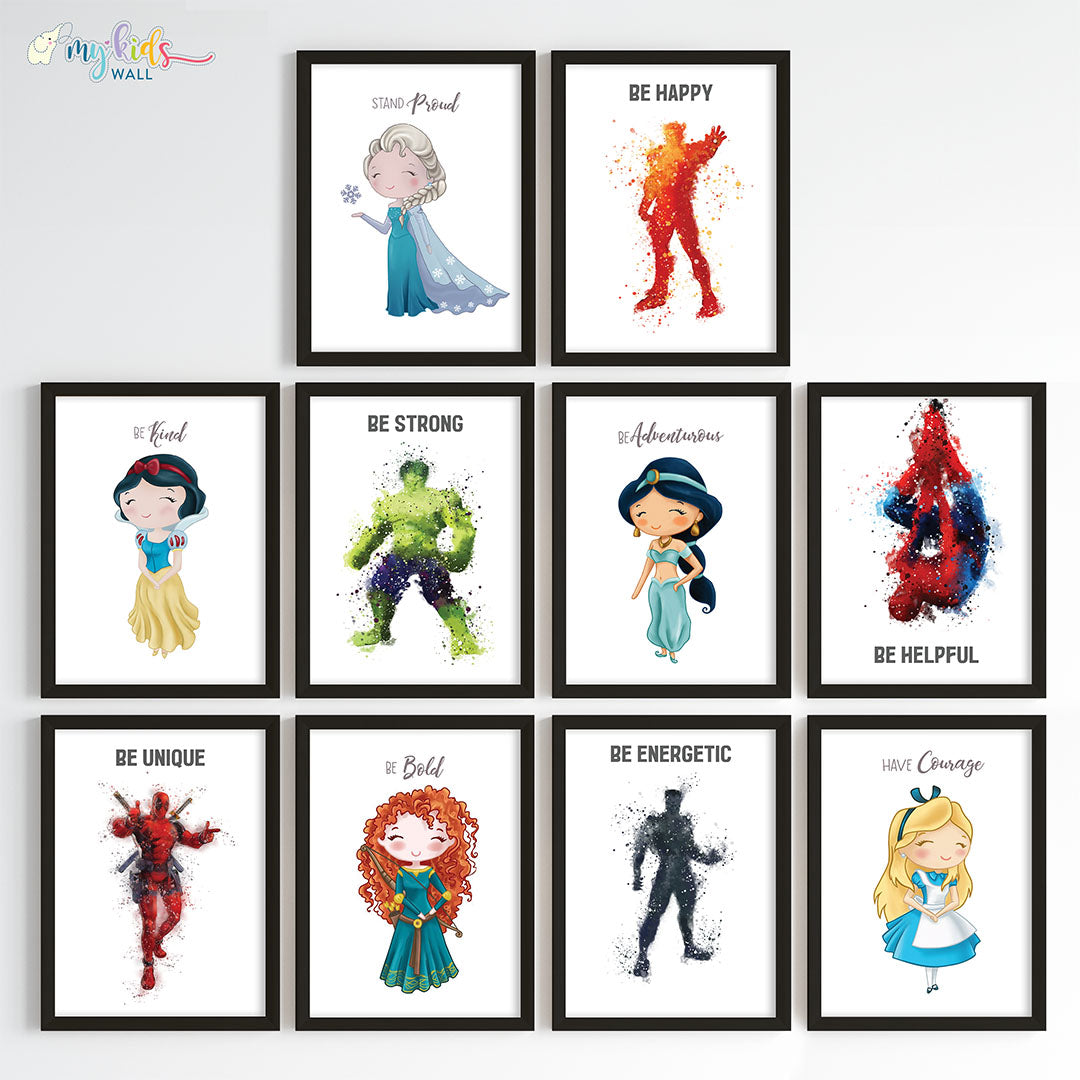 Superheroes & Princesses Motivational Wall Art for Siblings Framed Set of 10 Black